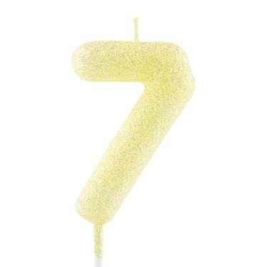 Imagem de Vela de 7º aniversário dourada amarela com glitter número 7 velas luminosas para bolo decorações de feliz aniversário para meninas, meninos, mulheres, comemorações, artigos de festa