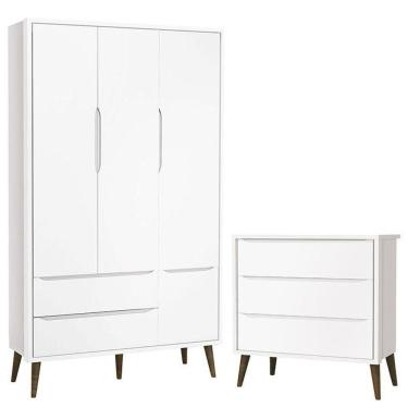 Imagem de Cômoda Infantil Gaveteiro E Guarda Roupa 3 Portas Theo Branco Acetinado Com Pés Amadeirado ? Reller