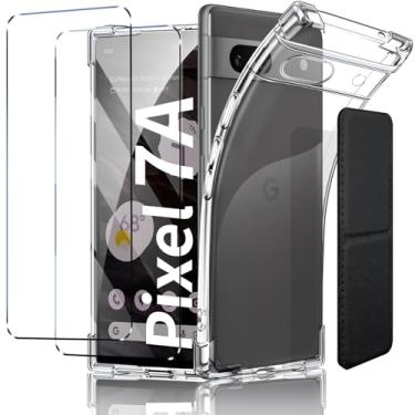 Imagem de SKYX KAISHITE Capa para Google Pixel 7a, capa transparente de TPU à prova de choque com 2 protetores de tela de vidro temperado e suporte de couro (suporte adesivo 3M) para suporte/visualização