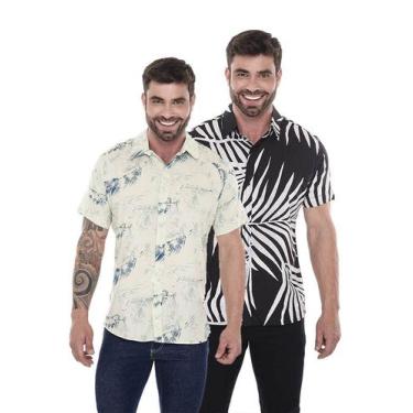 Imagem de Kit 02 Camisas Floral Masculina Manga Curta Bege e Palmeira - TBasics
