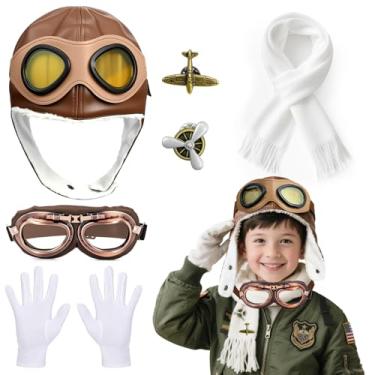 Imagem de KalaDuck 7 Pcs Kids Pilot Hat Costume Accessories – Aviator Hat, Kids Goggles, Vintage Badges, Cotton Scarf, Gloves – Pilot Dress Up Set Gifts for Halloween, Career Day, Birthday Party, Cosplay