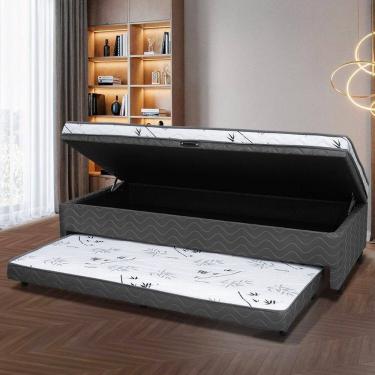 Imagem de Cama Box Solteiro Ortopédica Conjugada Baú com Cama Auxiliar 88cm X 51cm D28 Laura Cinza Bambuzinho