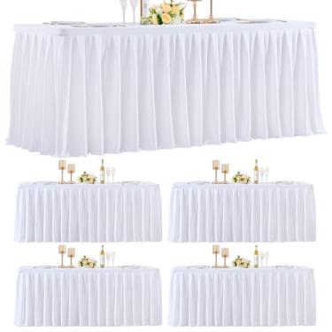 Imagem de HB HBB MAGIC Pacote com 4 toalhas de mesa brancas para mesas retangulares de 1,8 m, saia de mesa plissada elegante – capa de mesa elástica sem rugas para casamentos, banquetes, festas de aniversário e