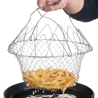 Imagem de Cestas de fritura dobráveis de aço inoxidável de 23 cm com alça de utensílios de cozinha para batatas fritas, anéis de cebola, cestas de frango com alça