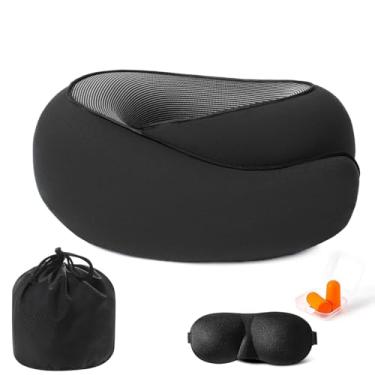 Imagem de Travesseiros para viagem, apoio de cabeça, pescoço, almofadas de viagem para aviões ou trens, suporte de cabeça de 360° para dormir para voos longos, kit com máscara de olhos contornada 3D, tampões de