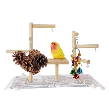 Imagem de 3 peças de madeira para pequenos pássaros, parquinho para cima da gaiola, suportes de papagaio de madeira, academia, com brinquedos de mastigar pendurados, acessórios para gaiola de pássaros