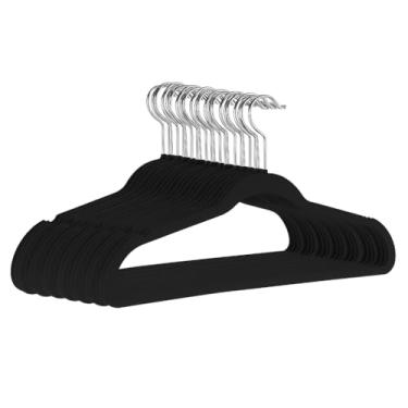 Imagem de Kit 10 Cabides Slim de Veludo Preto com Gancho Giratório Cromado – Antiderrapante, Ultrafino e Reforçado para Roupas Delicadas e Pesadas