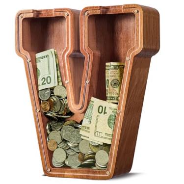 Imagem de ELX Cofrinho extra grande de madeira de 30,5 cm para crianças, cofrinho personalizado, caixa econômica segura e durável para crianças, presente para meninos e meninas (30,5 cm V)