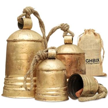 Imagem de Conjunto de 4 sinos de latão vintage com acabamento dourado rústico e corda de juta natural – Sinos de vento de jardim ao ar livre, fazenda, férias, Natal, varanda e decoração de casa