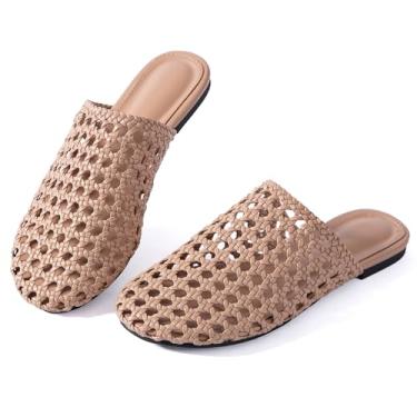 Imagem de Mtzyoa Sandálias rasteiras femininas de malha trançada oca para o verão respirável a céu aberto, antiderrapante, antiderrapante, elegante, casual, férias, boêmio, fofo, chinelos, Nude trançado vazado