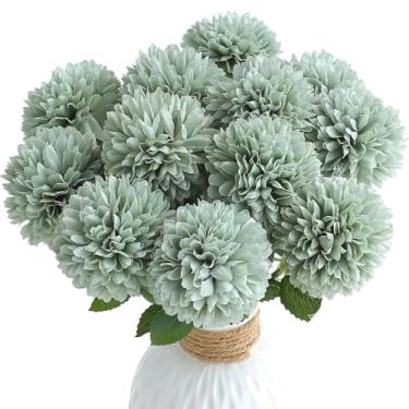 Imagem de Floroom 12 peças de flores artificiais de seda sintética verde sálvia crisântemos falsos com hastes para buquês de casamento DIY, centros de mesa, arranjos florais, enchimentos de decoração de casa