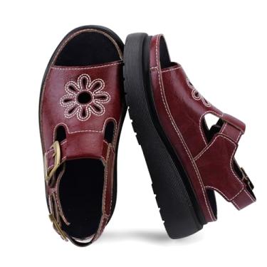 Imagem de KIFIWUI Sandálias de plataforma femininas com fivela grossa no tornozelo, casual, bico aberto, confortável, decoração de flores, sandálias de pescador, Borgonha-PU, 40