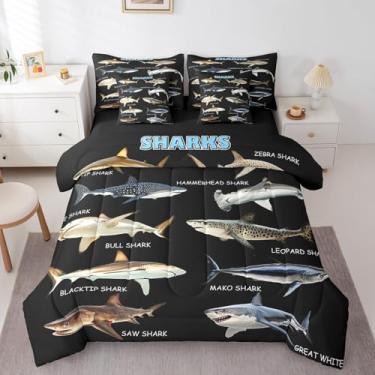 Imagem de Erosebridal Jogo de cama solteiro de tubarão, animais de tubarão, 7 peças, cama de vida marinha do oceano em uma bolsa, moderno, simples, preto, conjunto de lençol com edredom para meninos, tema de