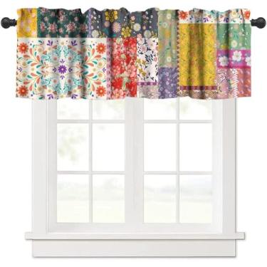 Imagem de Yearn Jear Cortina de cozinha com flor de retalhos, saia boêmia colorida botânica vintage retrô indiana bolso curto café pequena janela tratamento cortinas decoração 137 cm L x 45 cm C cm