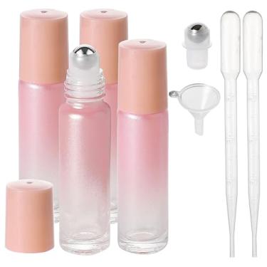 Imagem de SESENSE Frascos de rolo de óleo essencial, frascos de perfume de vidro espesso de 10 ml com abridor de funil e conta-gotas, frascos vazios de vidro colorido com bolas de rolo de aço inoxidável (rosa