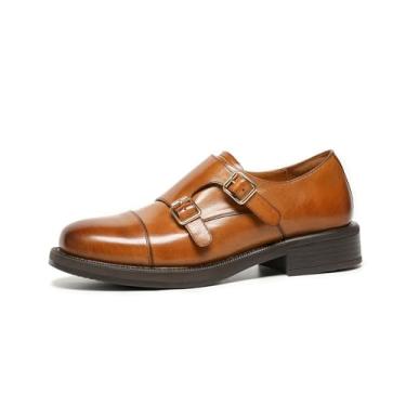 Imagem de BEAU TODAY Mocassins Monk Strap, Mocassins femininos de couro, sem cadarço, mocassim de pele de bezerro encerado para negócios, vestido casual, sapatos femininos, Marrom, 37