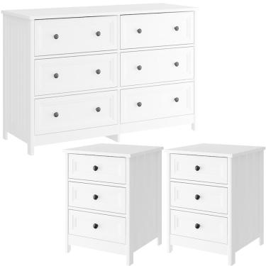 Imagem de Comoda 6 Gavetas E 02 Mesas De Cabeceira 3 Gavetas Branco Dtall Branco