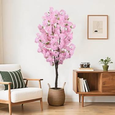Imagem de Árvore de cerejeira artificial rosa de 1,8 m, decoração interna, árvore de flor falsa para decoração de quarto, não inclui plantador