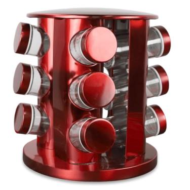 Imagem de Porta Temperos GiratóRio Para 12 Potes, Organizador De Condimentos Em AçO Inox, Acompanha 20 Etiquetas Adesivas + 1 Caneta Para Identificar(VERMELHO)