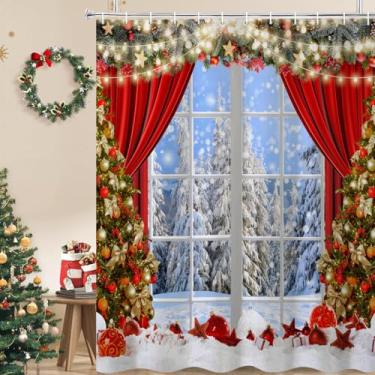 Imagem de CRTPOD Cortina de chuveiro de Natal, guirlanda de janela de inverno, guirlanda de neve, cenário de floresta de neve, Natal, Natal, pinheiro, banheiras, decoração, conjunto de cortina de banho de