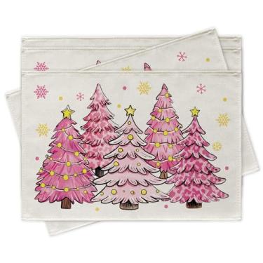 Imagem de Croar Conjunto de 4 jogos americanos para árvore de Natal rosa, pinheiros, dourados, floco de neve, decoração de mesa, decoração de cozinha, casa de inverno, 30,5 x 45,7 cm