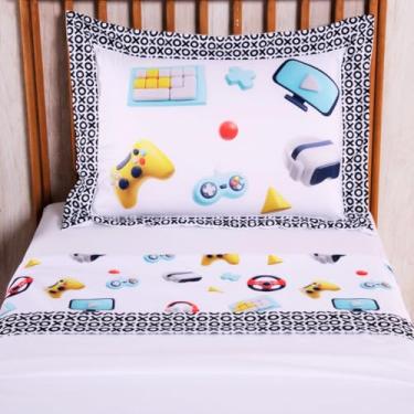 Imagem de Jogo de Cama Solteiro Gamer 300 Fios Toque Macio; Jogo de Lençol de Videogame para Crianças e Adolescentes com Porta Travesseiro Estampado Menino 3 Peças, Linha Boy Jogos Geek