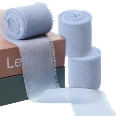 Imagem de 3 rolos de fita azul claro 3 cm total 15 jardas fitas de franjas desgastadas de algodão artesanal fita de chiffon azul para embrulho de presente convites de casamento, buquês de noiva, chá de bebê