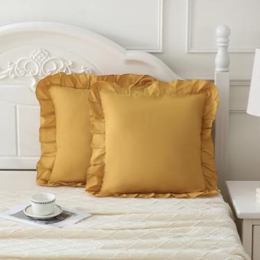 Imagem de Merryword Fronhas amarelas mostarda 45,7 x 45,7 cm, pacote com 2 fronhas decorativas de microfibra macia com babados para sofá, quarto