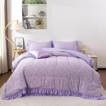 Imagem de Btargot Conjunto de cama de 6 peças com laço roxo e babados, para meninas, meninos, crianças, cama em uma bolsa com edredom, lençóis e fronhas, tamanho solteiro