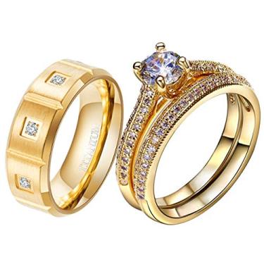 Imagem de ringheart 2 anéis banhados a ouro amarelo para ele e ela anéis de casal Cz conjuntos de alianças de casamento femininas de aço de titânio para homens, women size7 & men size12, Metal, Zircônia cúbica