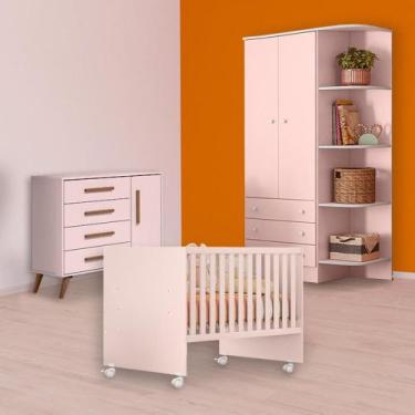 Imagem de Berço Reto, Cômoda Sapateira Retrô e Guarda Roupa Rosa - Qmovi