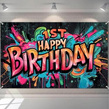 Imagem de HOMETITUTE Faixa de aniversário de 1º aniversário estilo graffiti colorido decoração de festa divertida com balões brilhantes e confetes pano de fundo de feliz aniversário para crianças férias ao ar