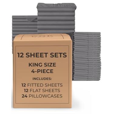Imagem de Pacote com 12 conjuntos de lençóis - (12) conjuntos de lençóis completos - roupa de cama King a granel - pacote de capas de atacado para hotéis, spa e Airbnbs - bolsos profundos e sem rugas -