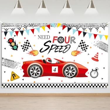 Imagem de Mocsicka Faixa de aniversário de quatro velocidades Need Four Speed Car Race Car Happy 4th Birthday Party for Boys Banner Decorações Red Supercar Racing Photography Prop Background