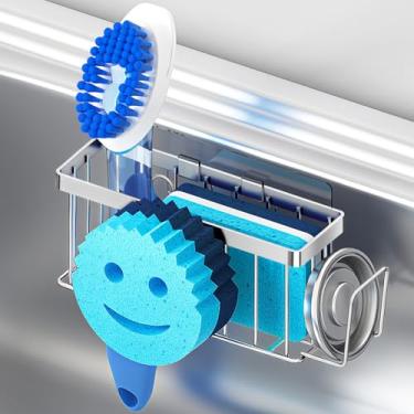 Imagem de Suporte de esponja para pia de cozinha, suporte de esponja 4 em 1 com ventosas e 1 peça de tiras adesivas para segurar sabão, escova, esfregão, esponja, rolha - prata