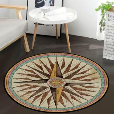 Imagem de keepcute Bússola vintage, capacho antiderrapante, tema náutico, antiderrapante, tapete redondo para quarto, sala de estar, estudo, tocar, tapete, 9 cm de diâmetro