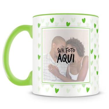 Imagem de Caneca Personalizada Corações Verde com 2 Fotos - Porcelana de Alto Br