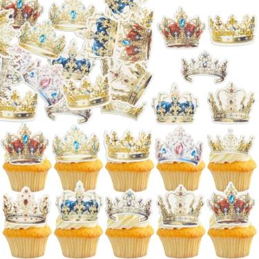 Imagem de Gyufise 54Pcs Edible Crown Cupcake Toppers Wafer Paper Crown Cupcake Toppers Edible Royal Crown Prince & Princess Crown Cupcake Picks for Crown Theme Party Decoration Supplies Gold