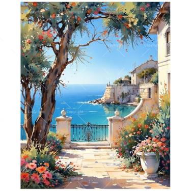 Imagem de Kit de pintura mediterrânea por números para adultos – Pintura DIY para terraço costeiro e vista do mar em tela, 40 x 50 cm, conjunto de tinta acrílica, adequado para iniciantes, arte para decoração