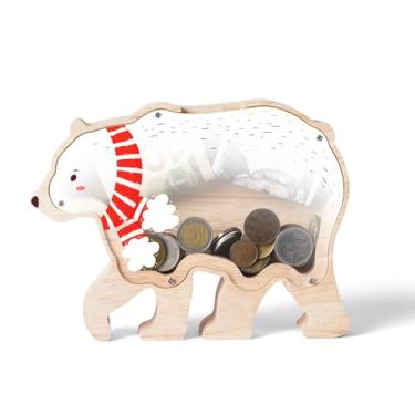 Imagem de Uniwooder Cofrinho de Natal de madeira para crianças, adorável cofrinho de urso com painéis de acrílico, caixa de dinheiro infantil inquebrável para meninos e meninas, lindo pote de moedas de Natal