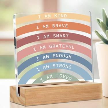 Imagem de Placa acrílica inspiradora arco-íris, afirmações positivas motivacionais, placa decorativa de mesa transparente com suporte, amor próprio, sala de aula, quarto, berçário, terapeuta, escritório