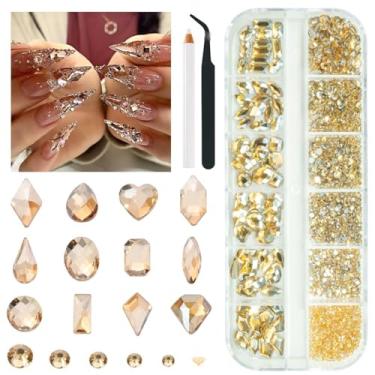 Imagem de 2052 peças de strass de ouro champanhe para unhas, 72 peças, multiformas, cristal, flatback, pedras douradas + 1980 peças de contas redondas pedras de vidro diamantes joias w caneta de cera para unhas