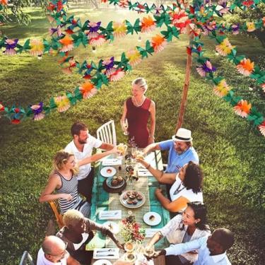 Imagem de Pacote com 2 decorações de festa de guirlanda tropical, papel de seda multicolorido de 6 m, flor de hibisco, faixa de verão para tema de praia de aniversário Luau Moana artigos de festa havaiana