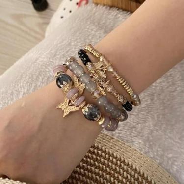 Imagem de 4 conjuntos de pulseiras boêmias empilháveis com contas para mulheres, estilo boêmio, elástico, multicamadas, conjunto de joias, One Size, Poliéster, Sem Pedra Preciosa