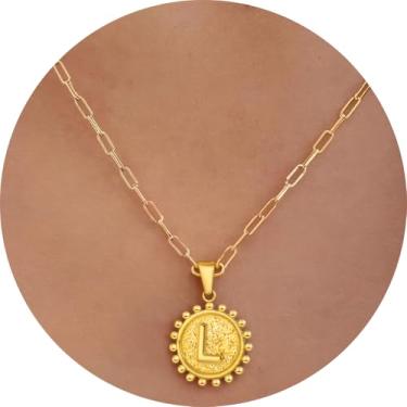 Imagem de Colar com pingente circular inicial A-Z, joia personalizada de aço inoxidável com bordas decorativas, adequado para mulheres, F, Aço inoxidável, Sem Pedra Preciosa