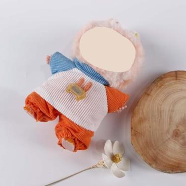 Imagem de Compatível com Labubu 15 cm/17 cm - Conjunto de roupa de blusa de malha azul-branco-laranja e bloomers laranja, roupa de boneca com destaque "bebê" de coelho (conjunto de blocos coloridos)