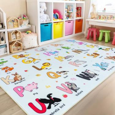 Imagem de Bolacrom Tapetes infantis para sala de jogos, 20 x 25 m, tapete educativo para aprender o alfabeto ABC, macio, lavável à máquina, tapete de animais fofos para sala de aula, berçário, decoração de