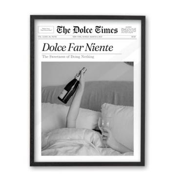 Imagem de iHery Arte de parede emoldurada Dolce Far Niente de madeira de carvalho preto natural premium 40,6 x 50,8 cm, retrô The Sweetness of Doing Nothing Canvas Wall Decor For Girly Dorm Bedroom Living Room