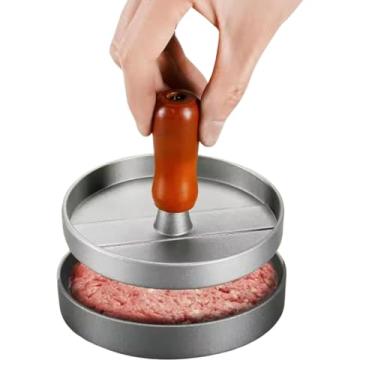 Imagem de Modelador de Hambúrguer em Alumínio, 11cm, com Cabo de Madeira, Prensa Profissional para Cozinha