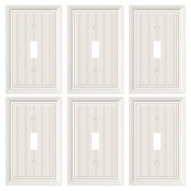 Imagem de Pacote com 6 placas clássicas para interruptores de luz de interruptor único, capas decorativas de fibra de bambu natural durável, placa de parede de 1 grupo de amêndoa clara